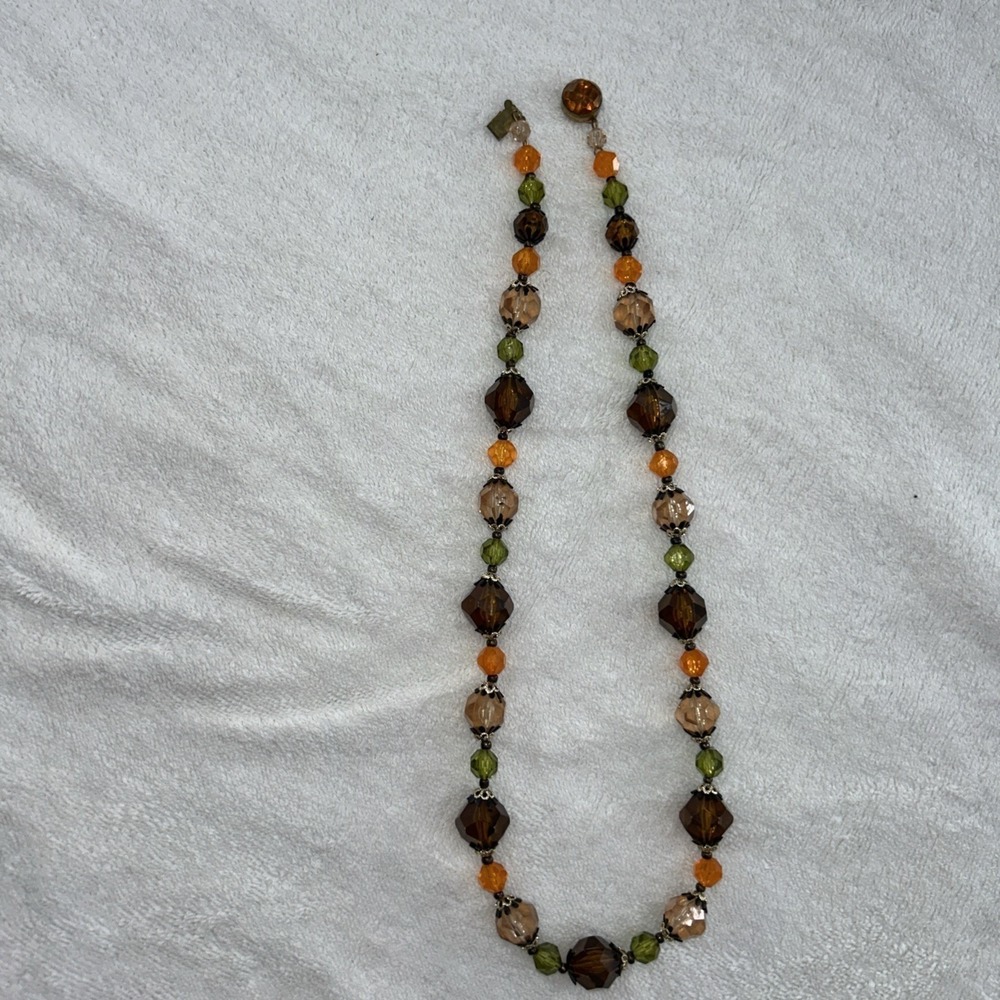 Vintage 50's MCM Autumnal Molded Plastic & Glass Beaded Single Strand Necklace